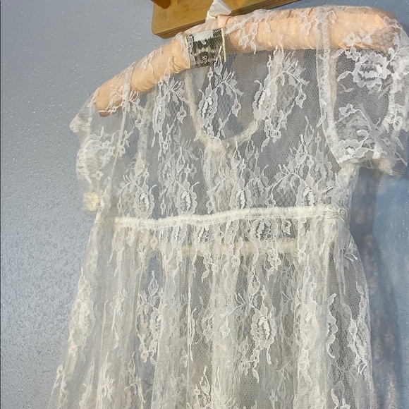 Vintage Elena Collection Ivory Lace Dress – Pearl Button Sheer Overlay Over Slip - Picture 12 of 16
